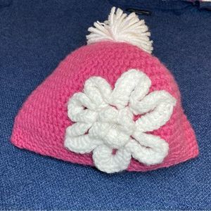 Fun Pink & White Floral Pom Pom Knit Handmade Beanie